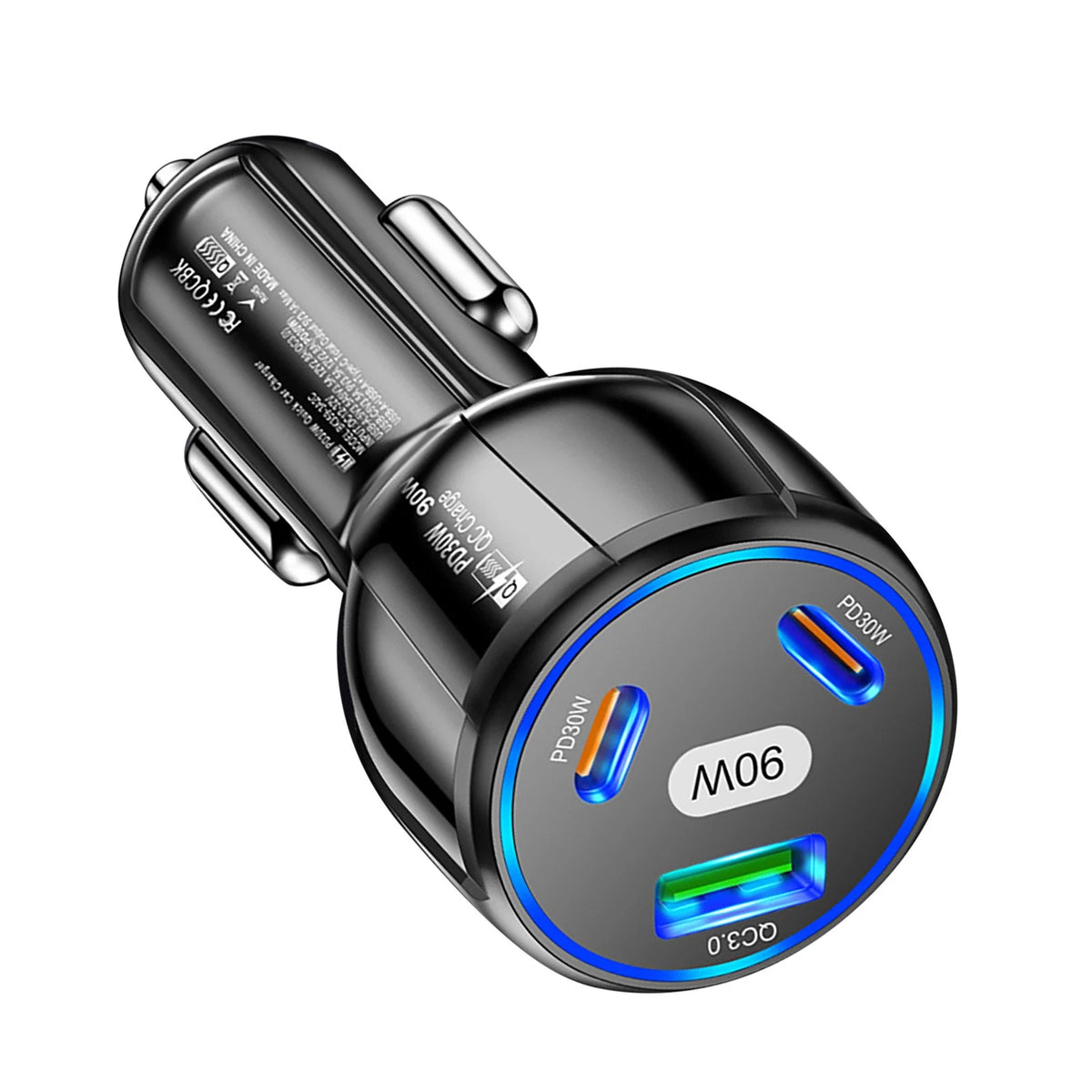 3 Port 90W Car Charger PD 30W QC3.0 Type C Cigarette Lighter USB Charger