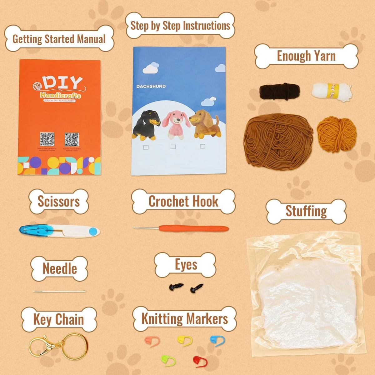 Nikolle Dachshund Crochet Kit for Beginners, Amigurumi Animal Dog, Brown