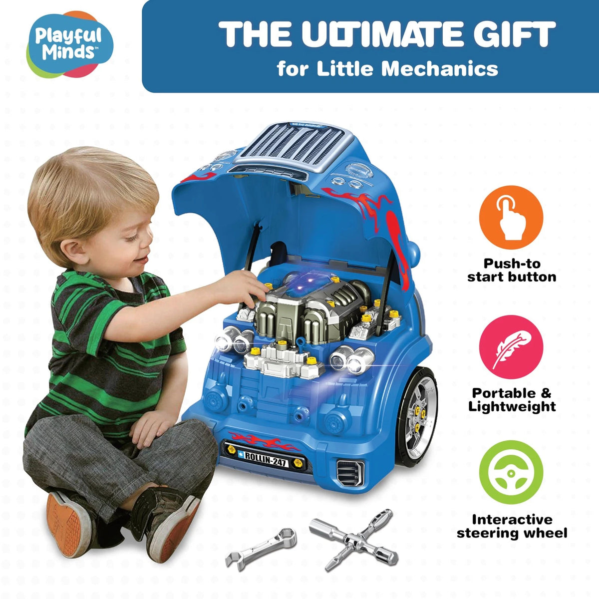 Playful Minds Interactive Large Truck Engine Toy for Kids – Large, Blue