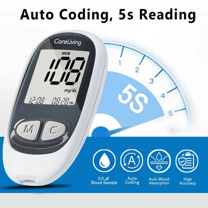 CareLiving MM1100 Blood Glucose Monitor Kit with 100 Test Strips, 100 gray