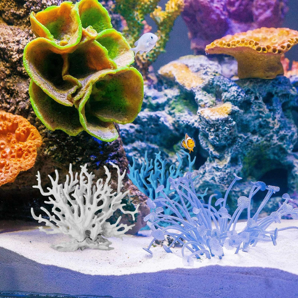 TkoYuHm 2 Pack Artificial Coral Reef Decor for Aquarium Blue and White