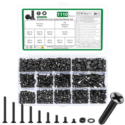1110 Pcs M3 Screws and Nuts Set, Countersunk Bolts M3-1110, Black