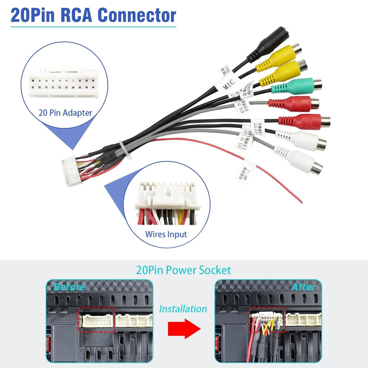 Jayubien 20Pin Android Car Stereo RCA Wiring Harness Adapter with 8 Black