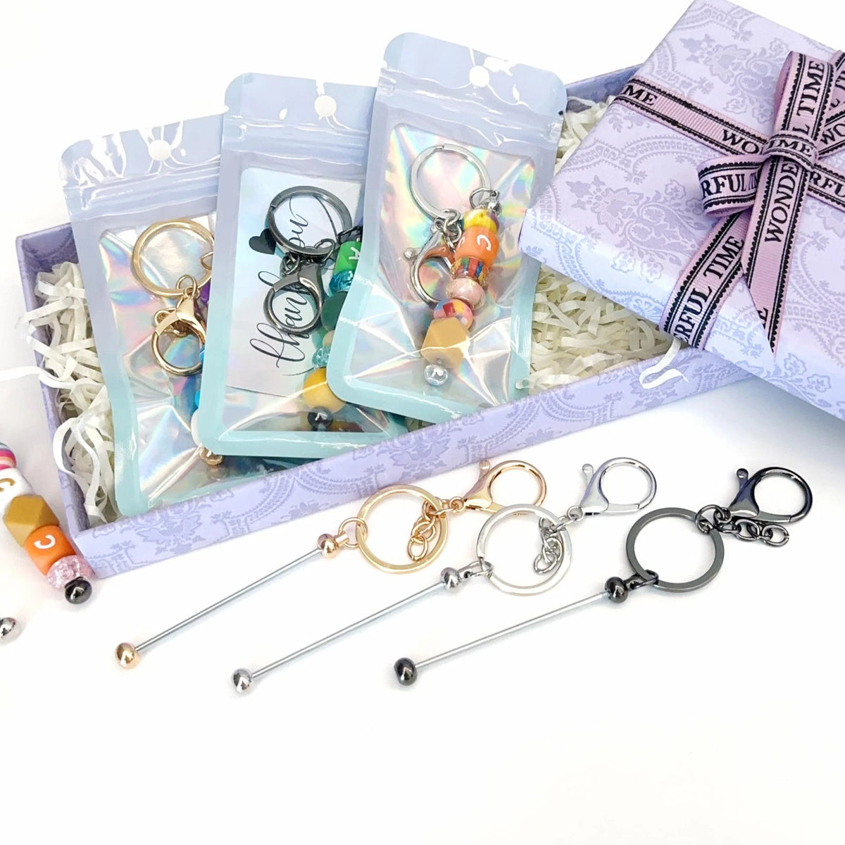 42 Pcs Beadable Keychain Bars Bulk Blank Beaded Making Small, Silver