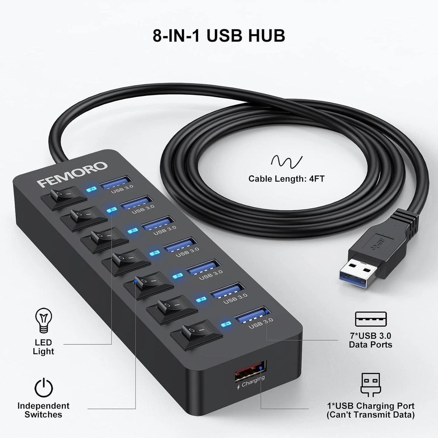 Powered USB Hub 3.0, 5Gbps Data Transfer 7 1 Pack, 7 3.0 +1 Charging
