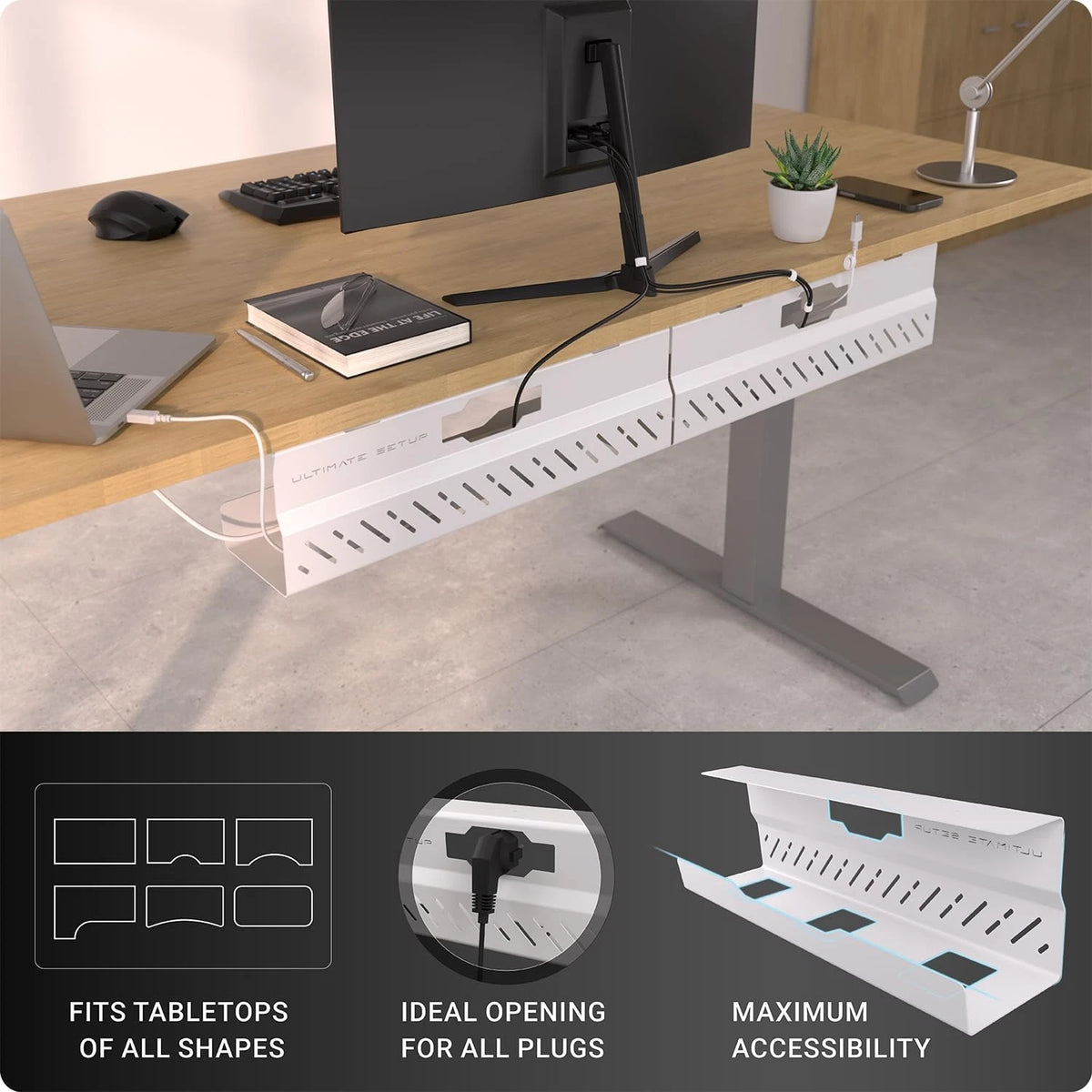 Under Desk Cable Management Tray no Drill – Wire 2 pieces set, White