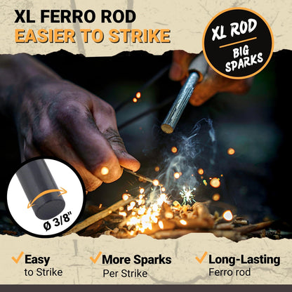 Ferro Rod Fire Starter Kit with Fatwood Tinder Stick - 3/8", Natural Wood