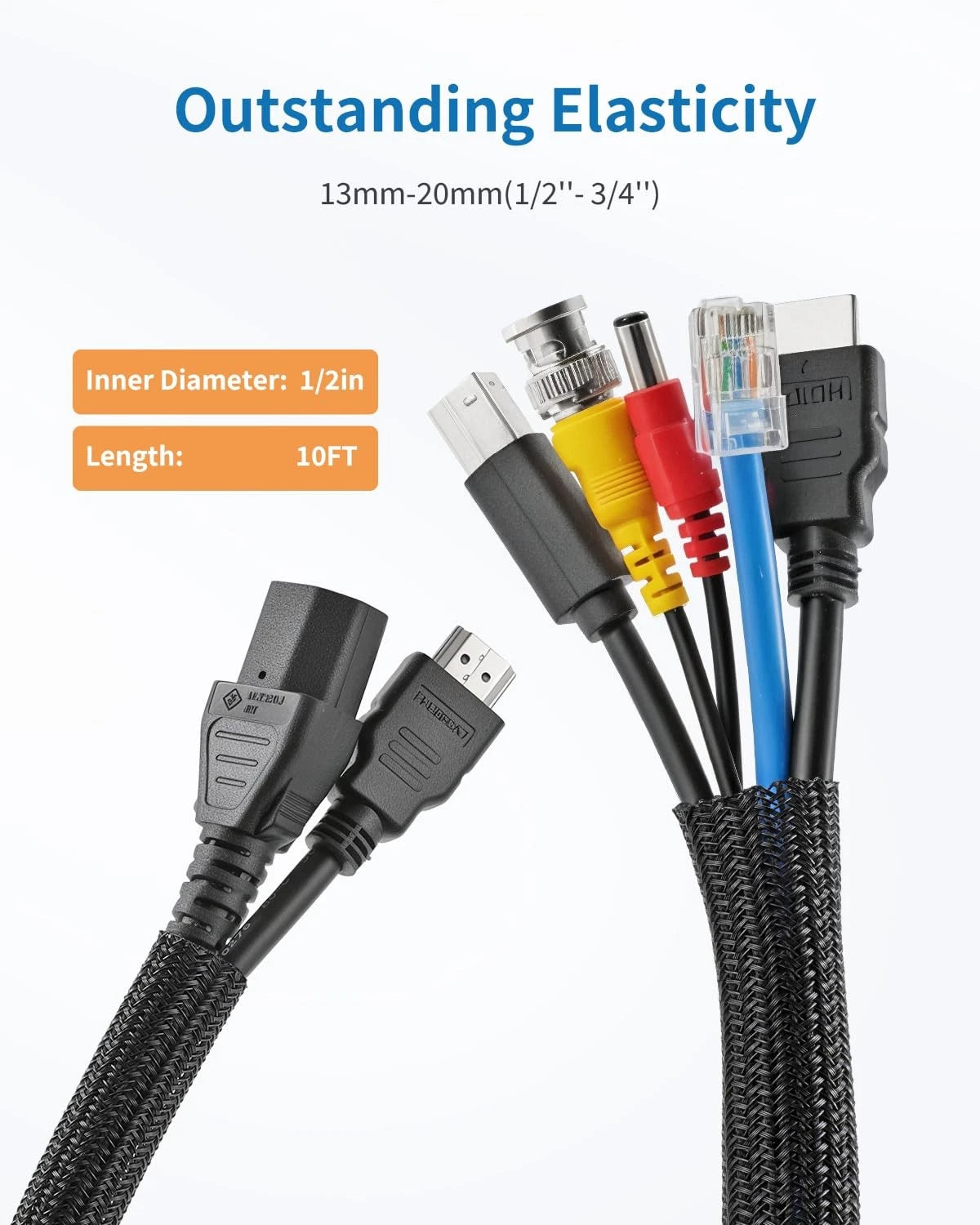 Yecaye 10ft - 1/2 inch Cable Sleeve Cord Protector, Split 1/2"-10ft, Black