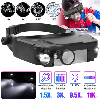 1.5X 3X 9.5X 11X LED Jeweler Head Magnifier Illuminated Visor Glasses 3 Lens