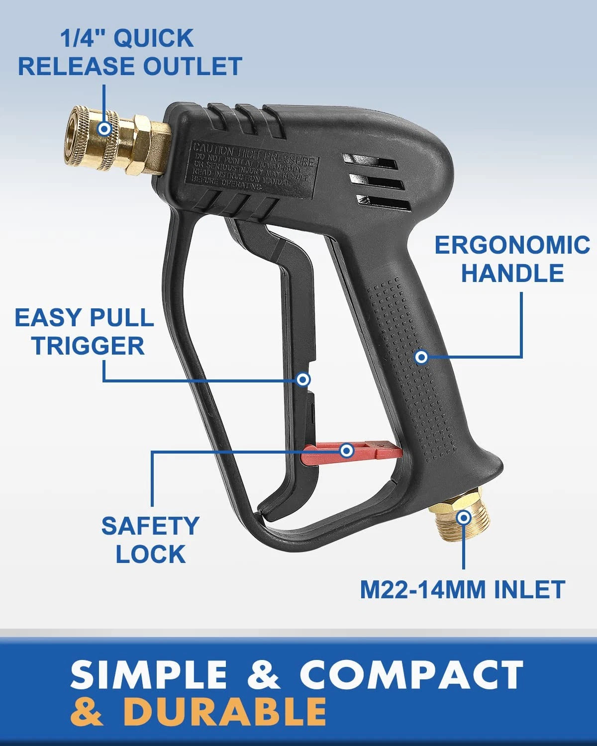 TOOLCY Short Pressure Washer Gun with M22-14mm (No Nozzles), Black