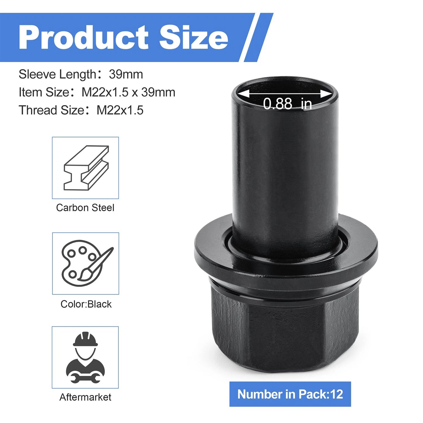 12 Pack M22-1.5 Heavy Duty Hub-Piloted Wheel Lug Nuts, 33mm Hex with 39mm