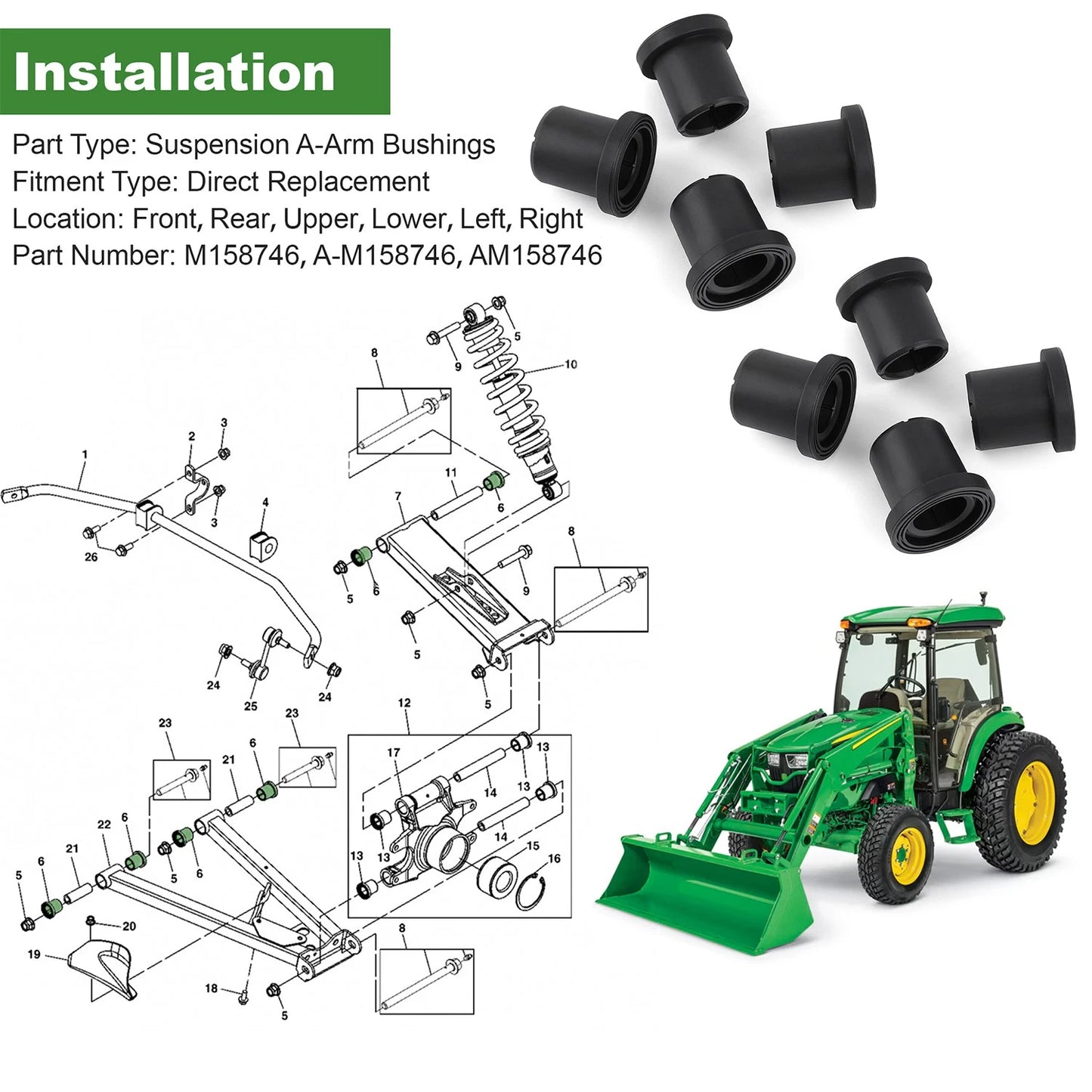 8Pcs A-Arm Bushing For John Deere Gator 625i 825i 5E 6E 6D M158746