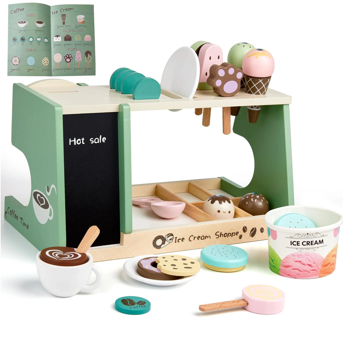 Wooden Ice Cream Toy, 3-in-1 child-size, White, Pink, Green, Brown