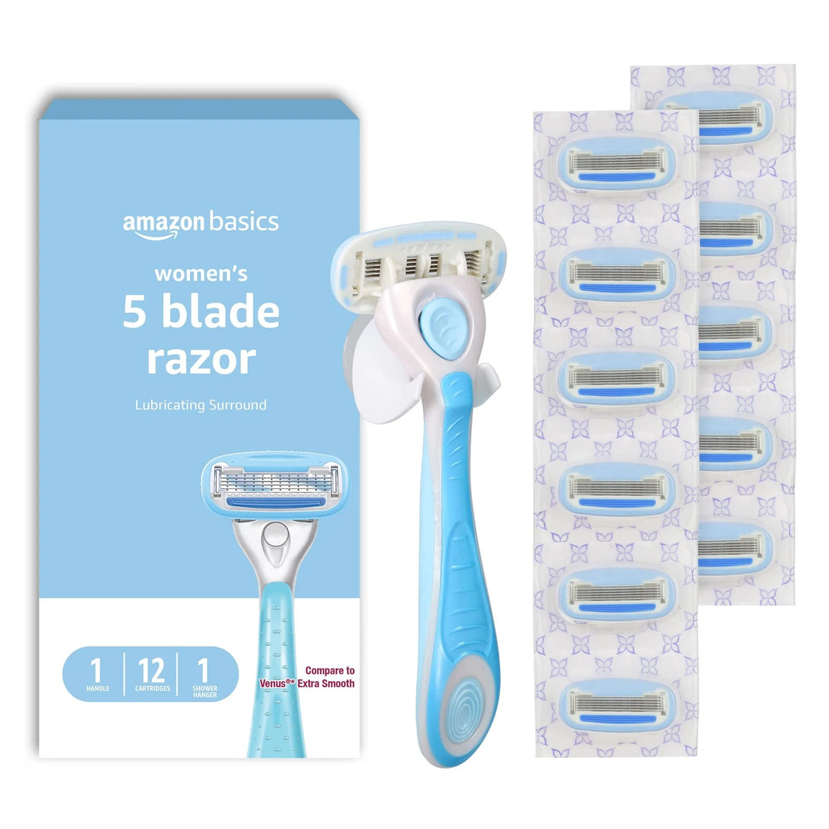 Amazon Basics 5-Blade Razor Handle for Women, 12 Count (Pack of 1), Blue