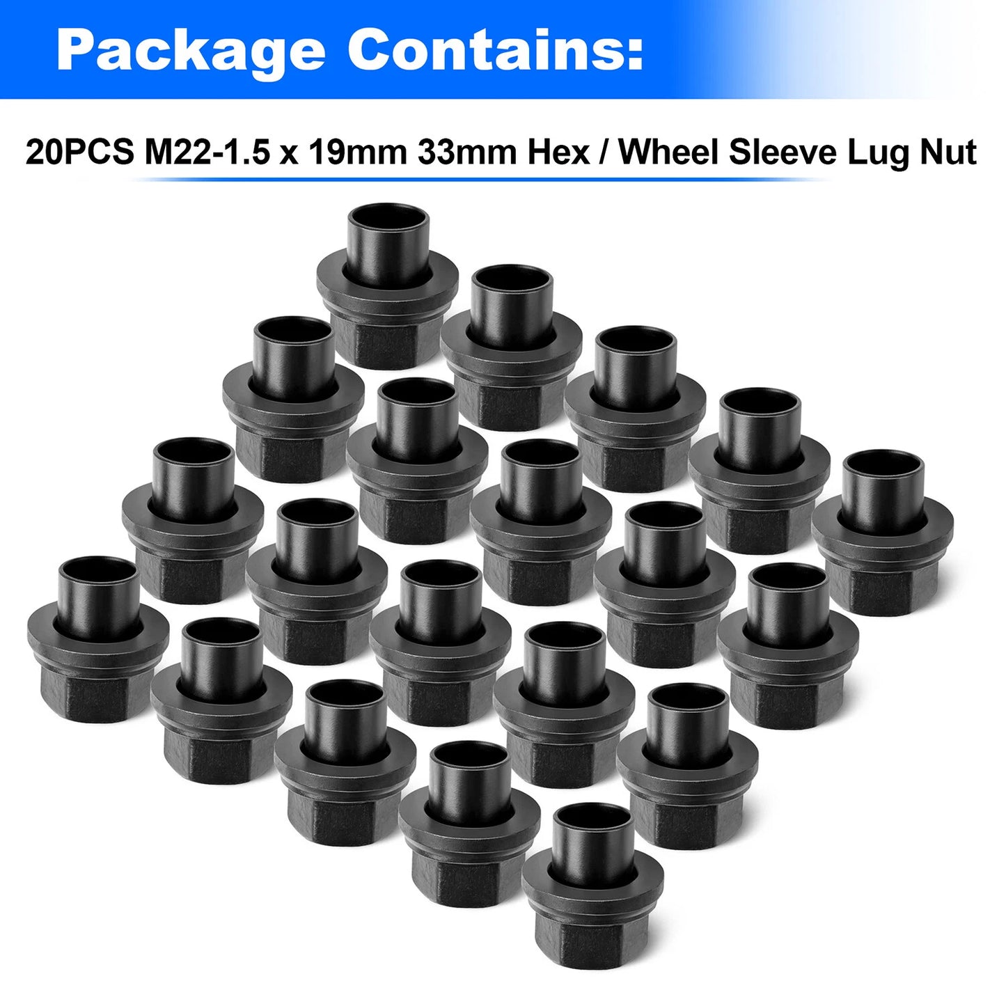 20 Pack 33mm M22x1.5 x 19mm Wheel Nuts Sleeve Nuts M22-1.5x19mm Skirt Flange