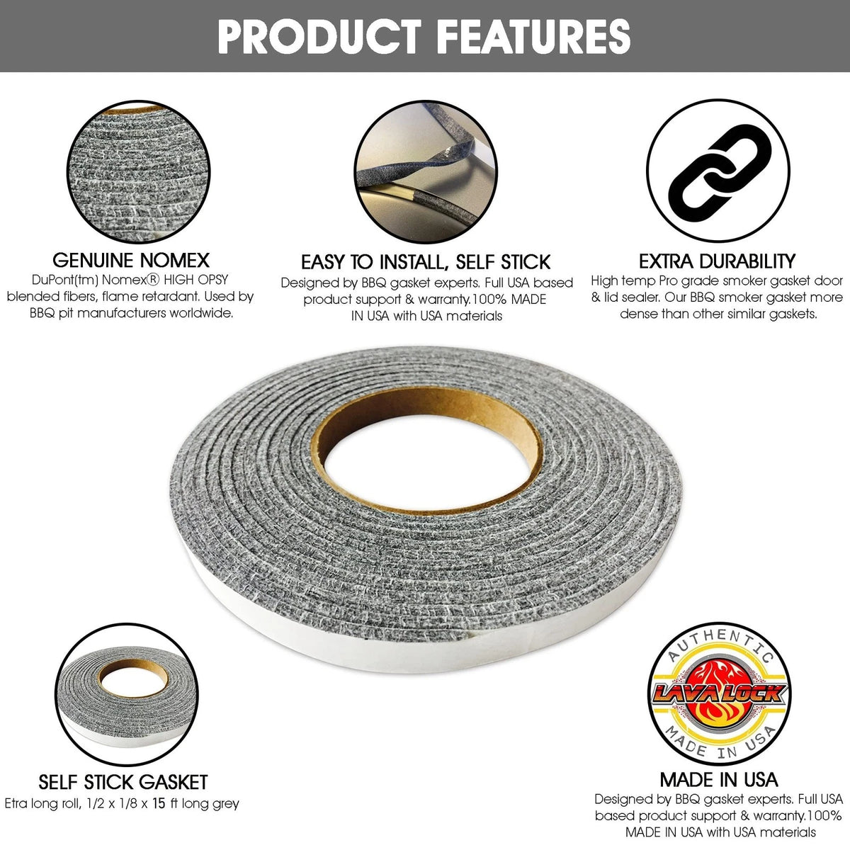 LavaLock 12 Grey High Performance BBQ 1/2w x 1/8 th x 15 feet long,