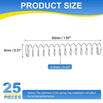 uxcell 25Pcs Compression Spring, 8mm OD 0.5mm Wire 50mm Length, Silver Tone