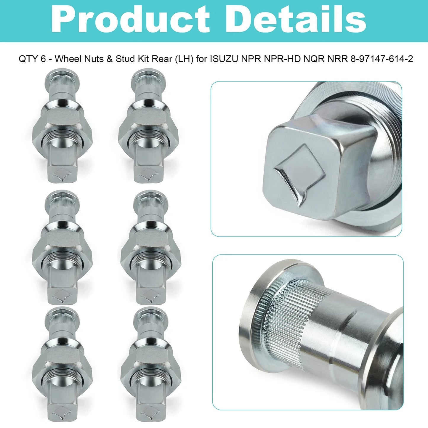 QTY 6-Wheel Nuts & Stud Kit Rear (LH) for ISUZU NPR NPR-HD NQR NRR 8-97147-614-2