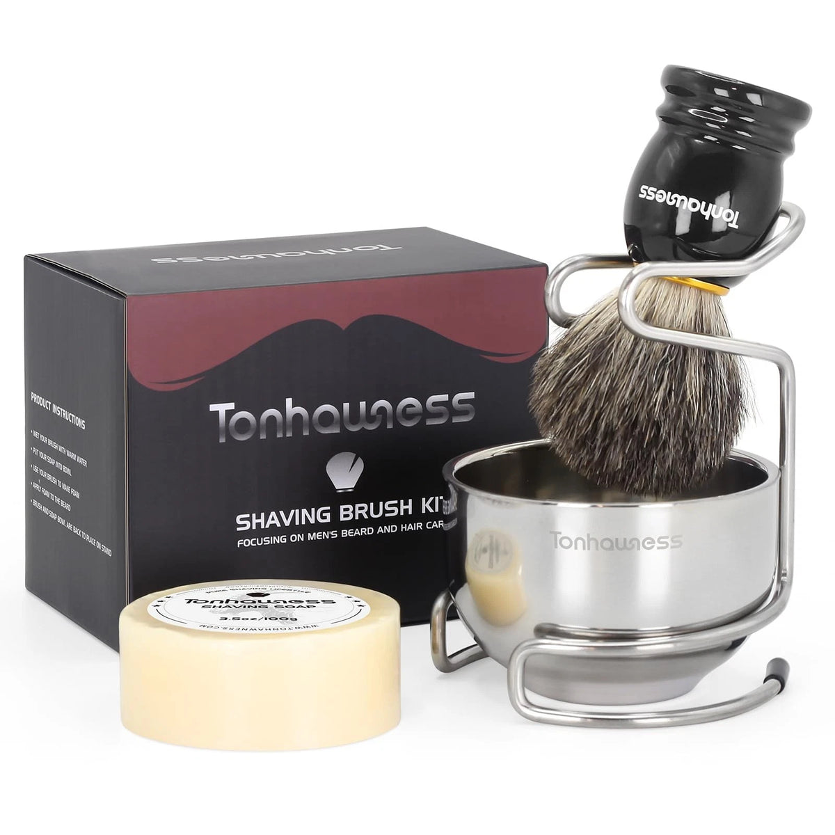 Tonhawness Shaving Brush Kit for Men, 4 in 1 Brushes Set Black-A
