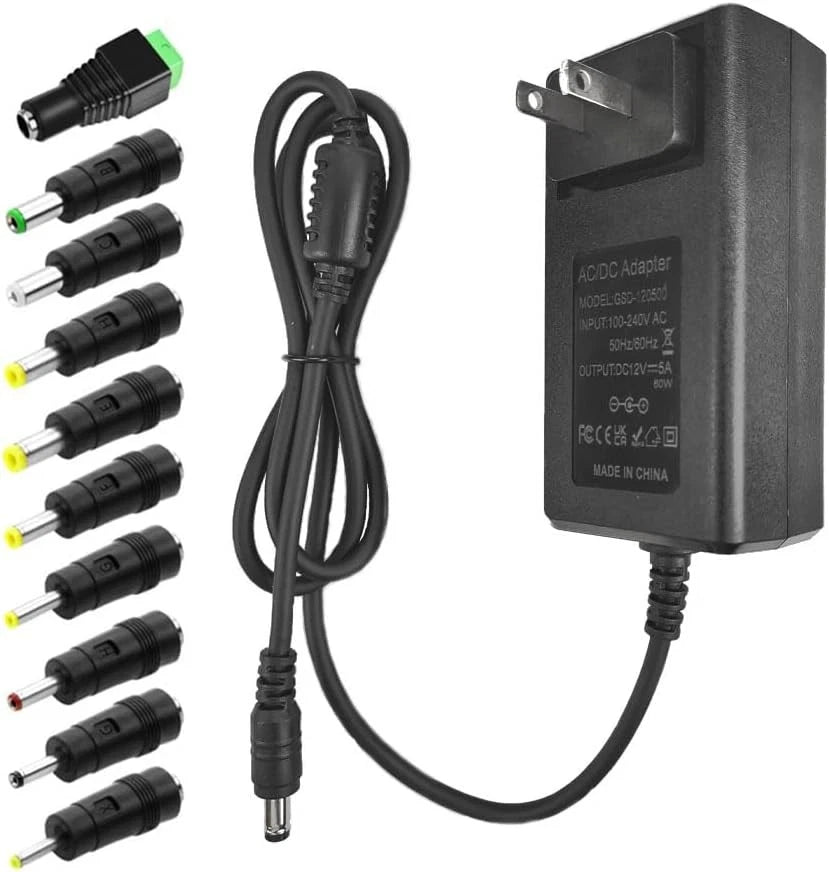12V 5A Power Supply - Universal AC 100-240V to DC Adapter with Black