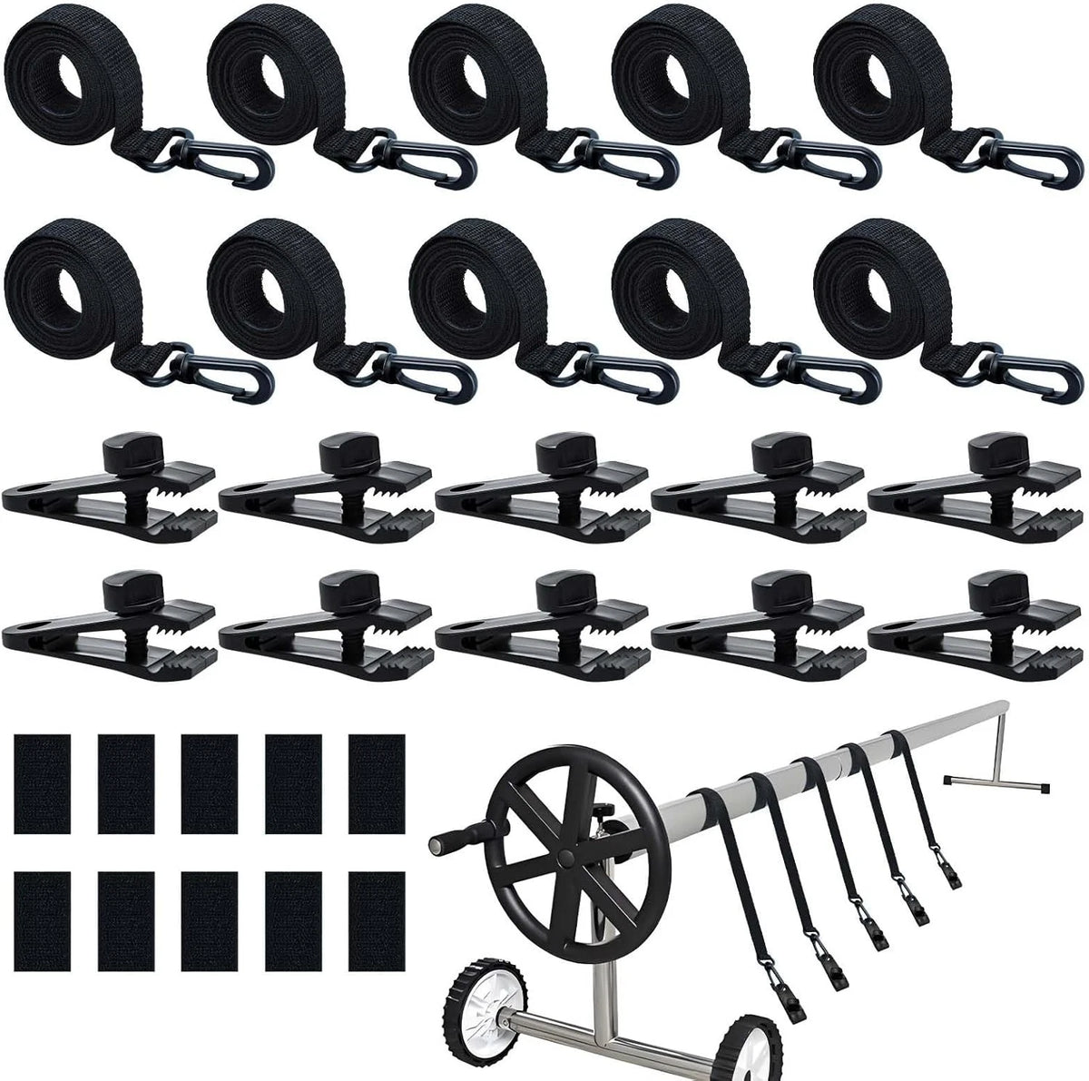 30Pcs Upgraded Pool Solar Cover Reel Straps 30 PCS, black