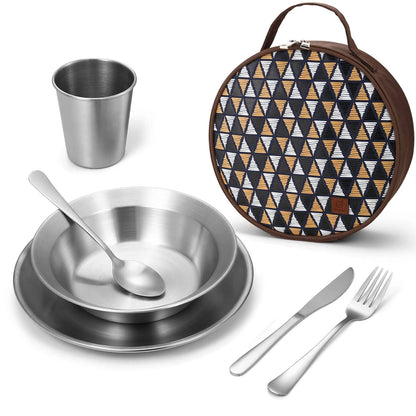Odoland Stainless Steel Camping Mess Kit for Family & 1 1 Person Set, Silver