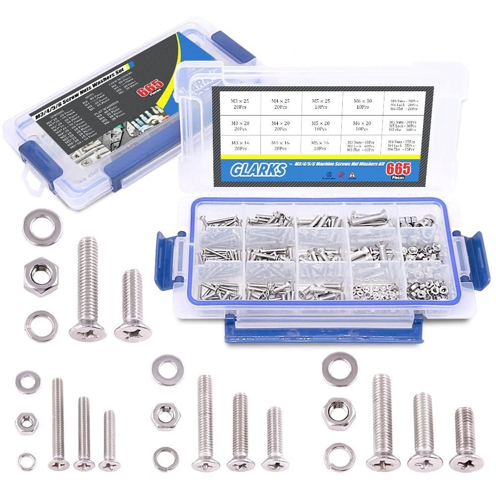 Glarks 665Pcs 304 Stainless Steel M3 M4 M5 M6 Phillips Flat Head M3, Silver