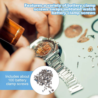 MBAIYO 100Pcs Watch Battery Clamp Screws Assortment Kit, Replacement Silver