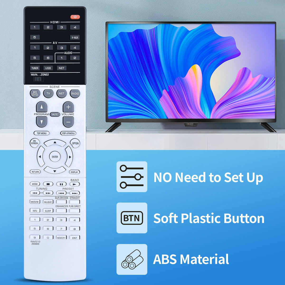 For Yamaha AV Receiver Remote Control RAV510 ZK06600 RX-V677 RX-A740 RXV677
