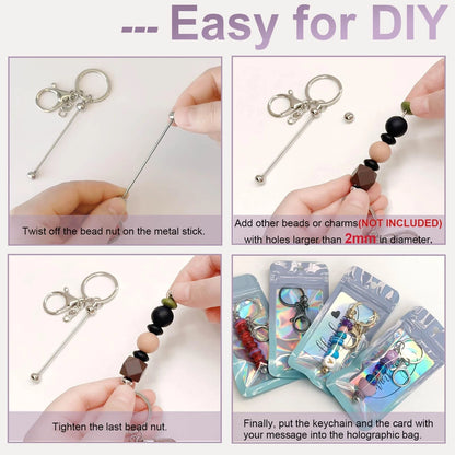 42 Pcs Beadable Keychain Bars Bulk Blank Beaded Making Small, Silver