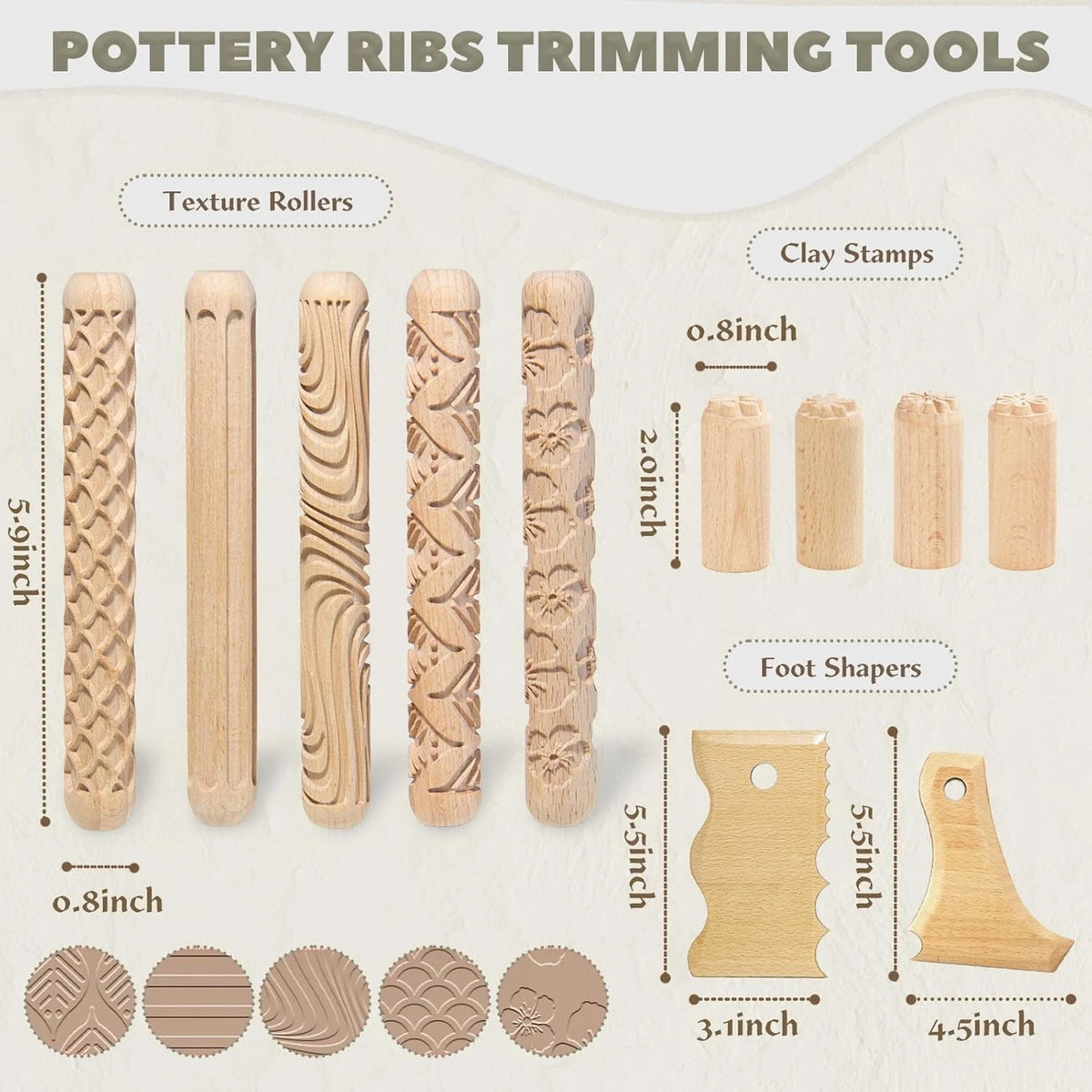 Krbnk 11 Pcs Clay Pottery Tools Kit with 5 Texture Rollers,4 Wood