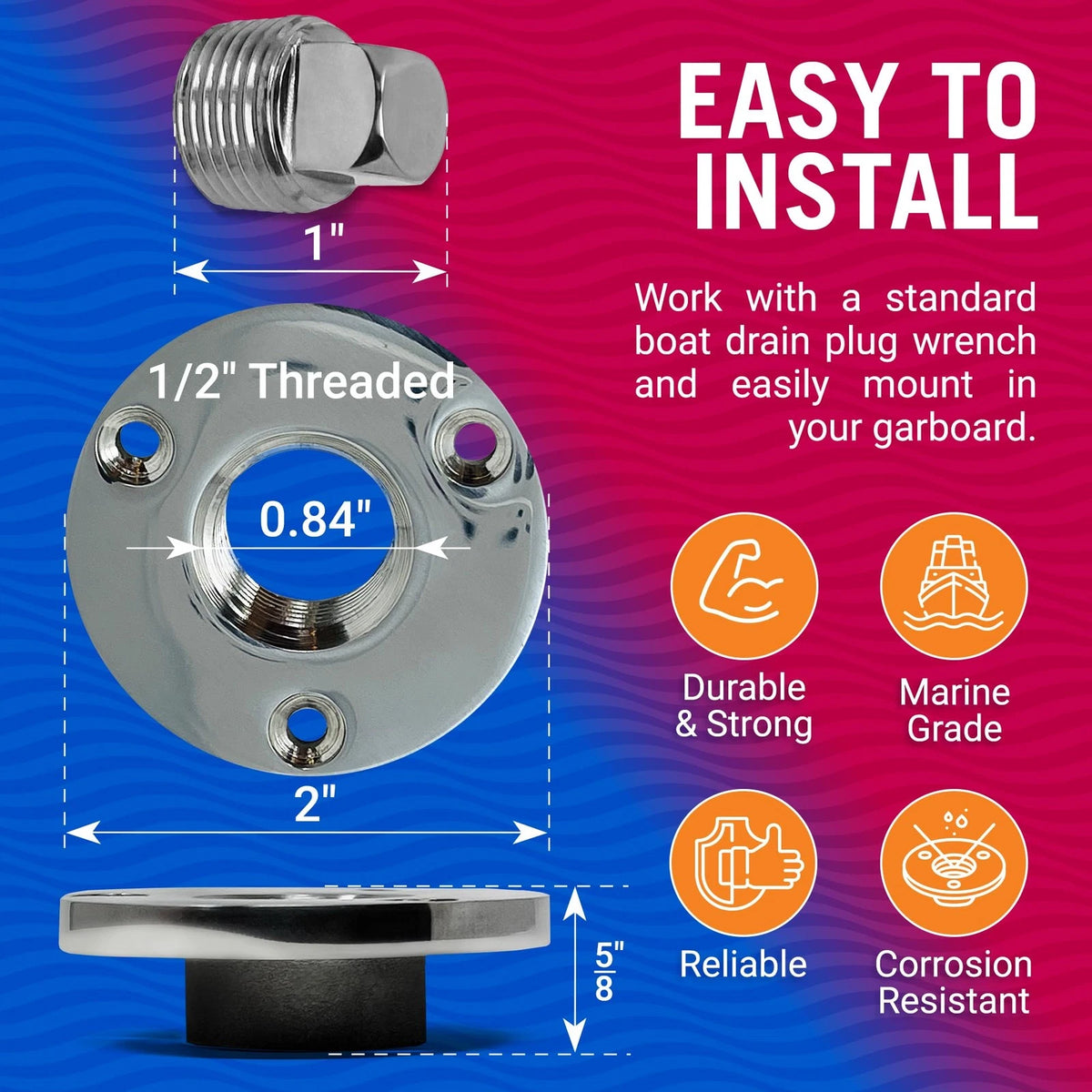 Stainless Steel Boat Drain Plug Kit, 1/2" Threaded Transom Plug, Silver