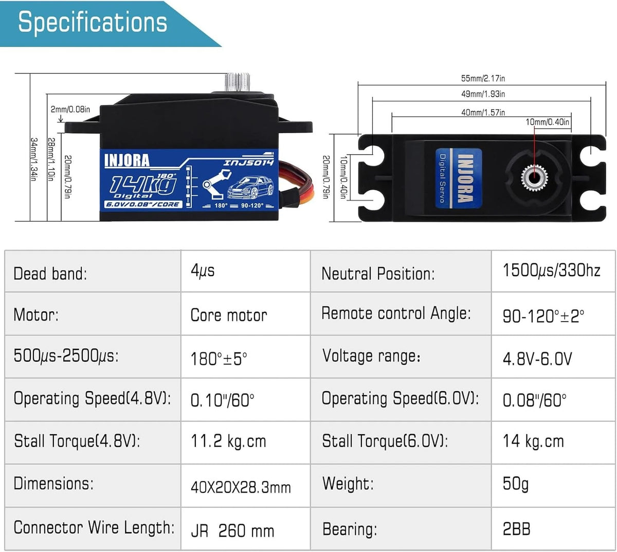 INJORA RC Digital Servo 14kg Low Profile Metal Core High...