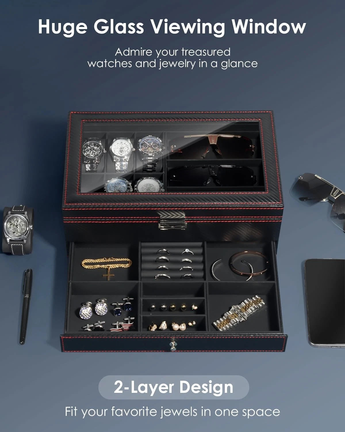 Kukikan Watch Jewelry Box Organizer, 6-Slot 2-Layer Case 6-slot, Black