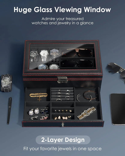 Kukikan Watch Jewelry Box Organizer, 6-Slot 2-Layer Case 6-slot, Black