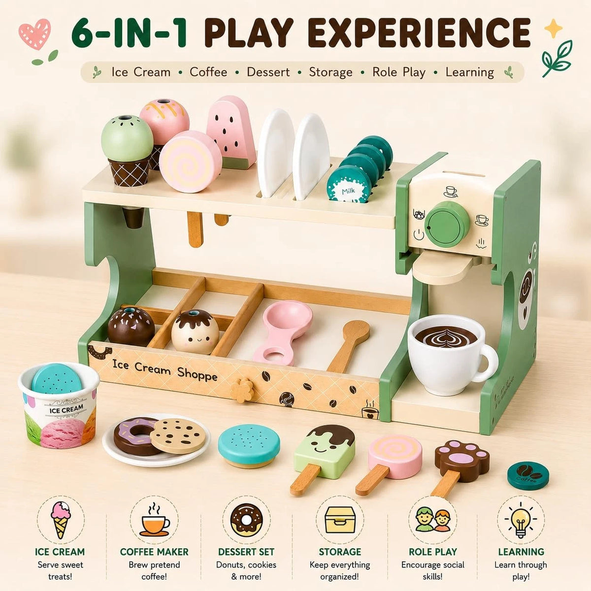 Wooden Ice Cream Shop & Kids Coffee Maker Playset - child-size, Pastel Green