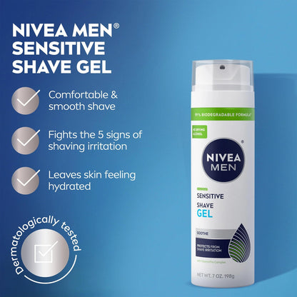 NIVEA MEN Sensitive Shave Gel, Shaving Gel for Men 7 Ounce (Pack of 3), WHITE