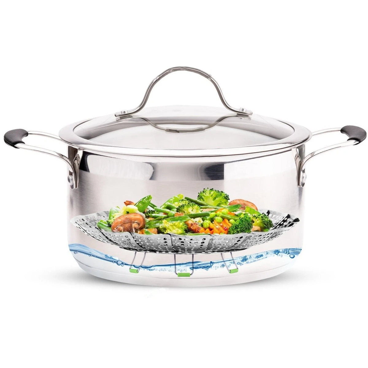 Consevisen Vegetable Steamer Basket for Cooking 5.1" to 9", Silver/Green