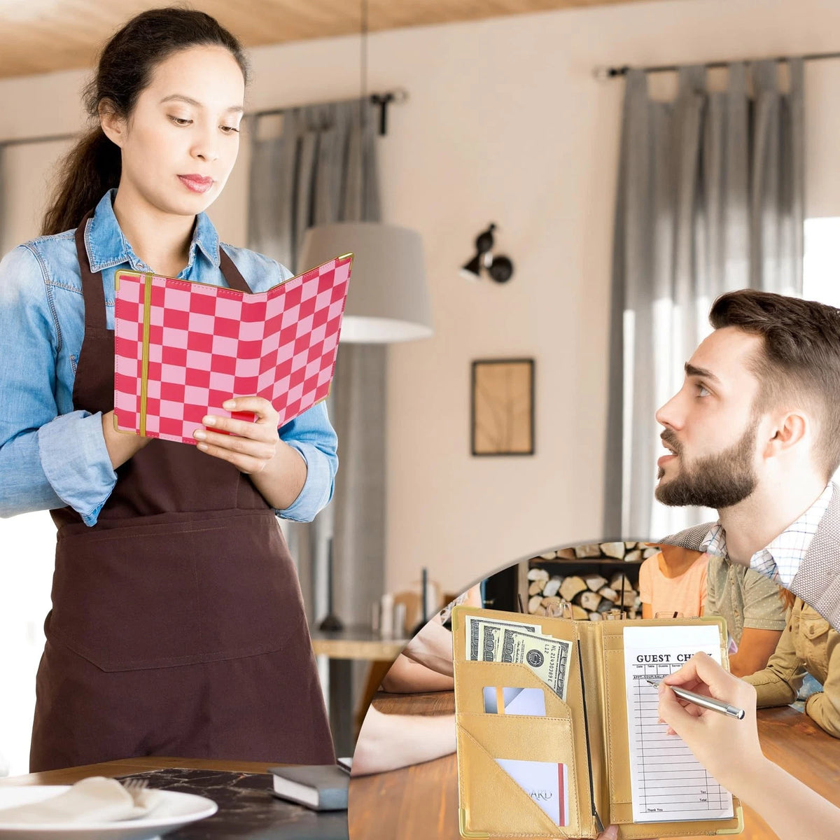 Server Books for Waitress Cute Book with Money Pink Checkerboard