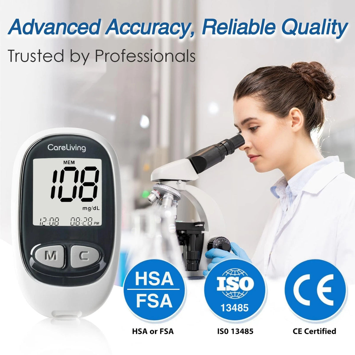 CareLiving MM1100 Blood Glucose Monitor Kit with 100 Test Strips, 100 gray