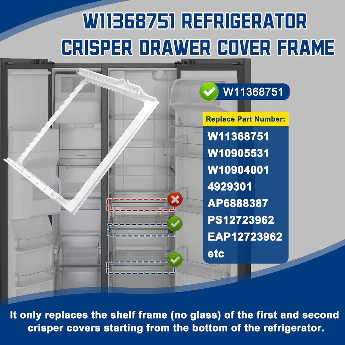 W11368751, W10905531 Refrigerator Shelf Frame(no glass) Compatible with white