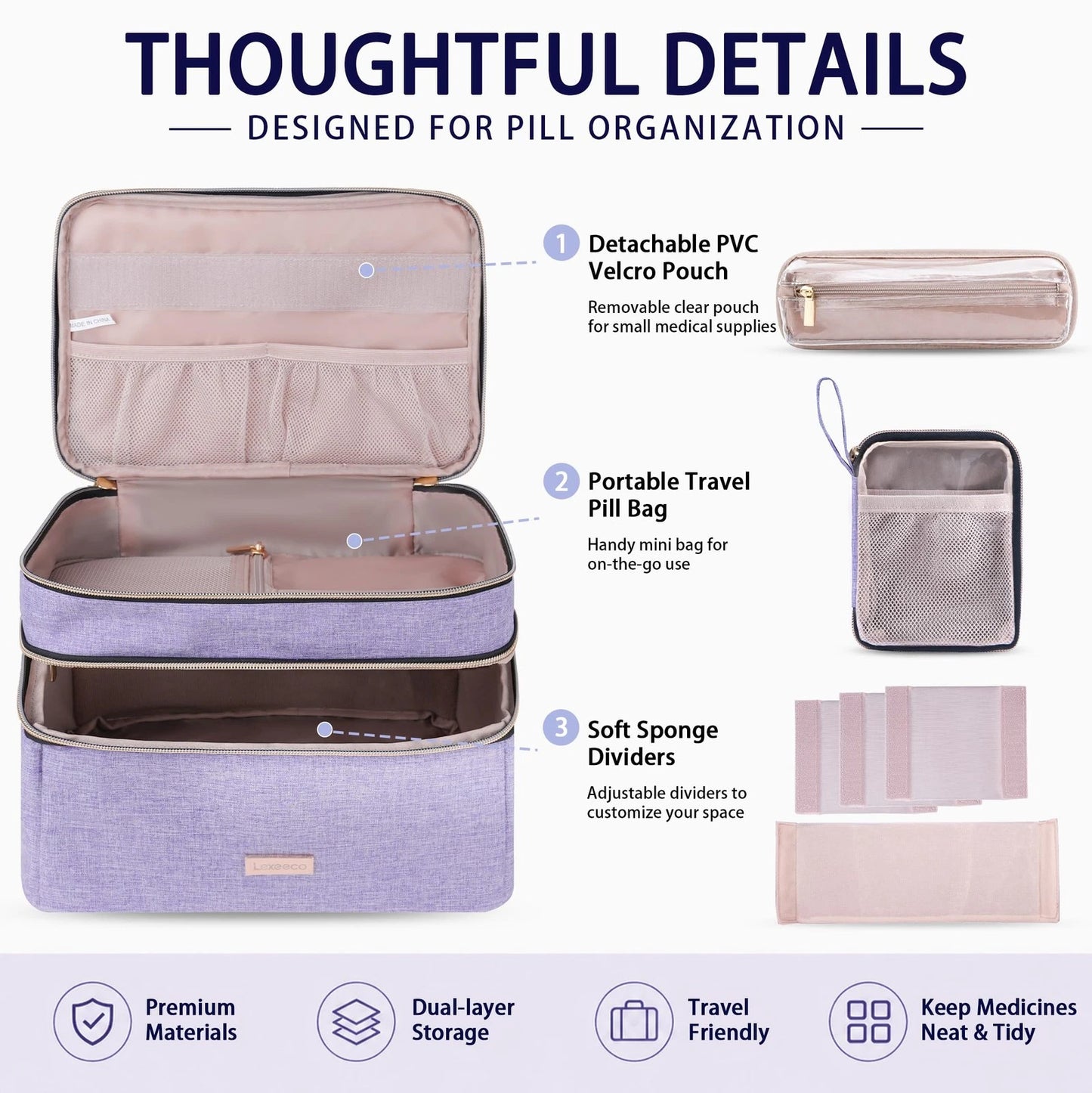 Lexeeco Medicine Storage Bag Pill Bottle Organizer with Small, Purple