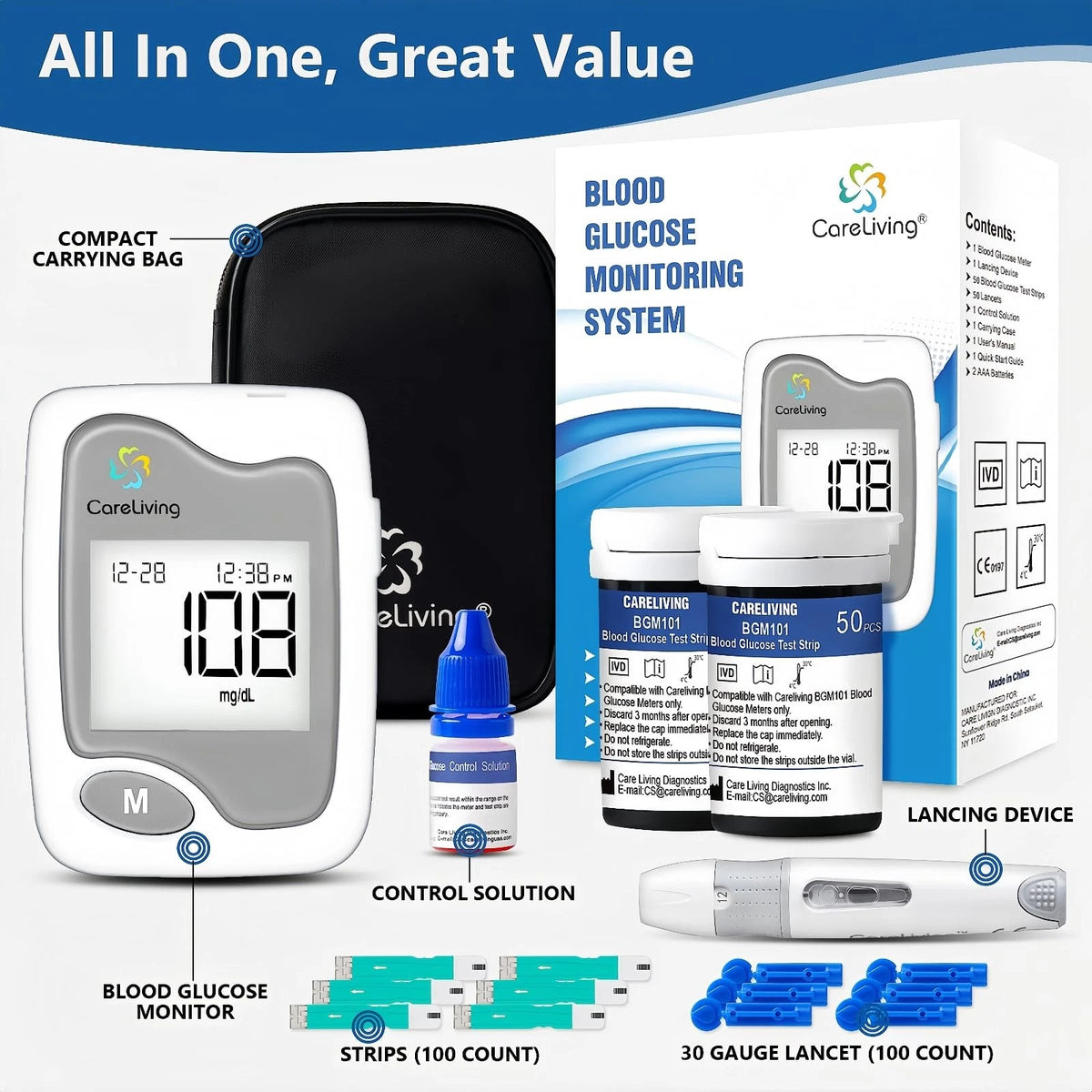CareLiving BGM101 Blood Glucose Monitor Kit, 100 Test Strips, 100 gray
