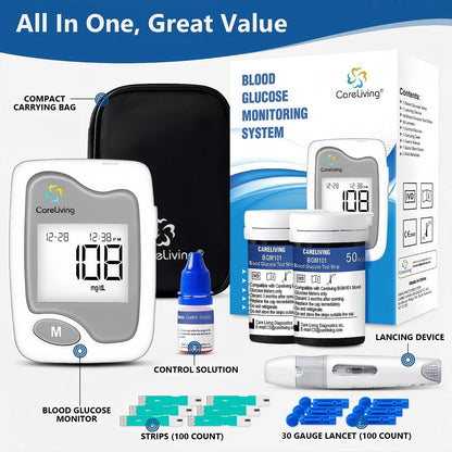 CareLiving BGM101 Blood Glucose Monitor Kit, 100 Test Strips, 100 gray