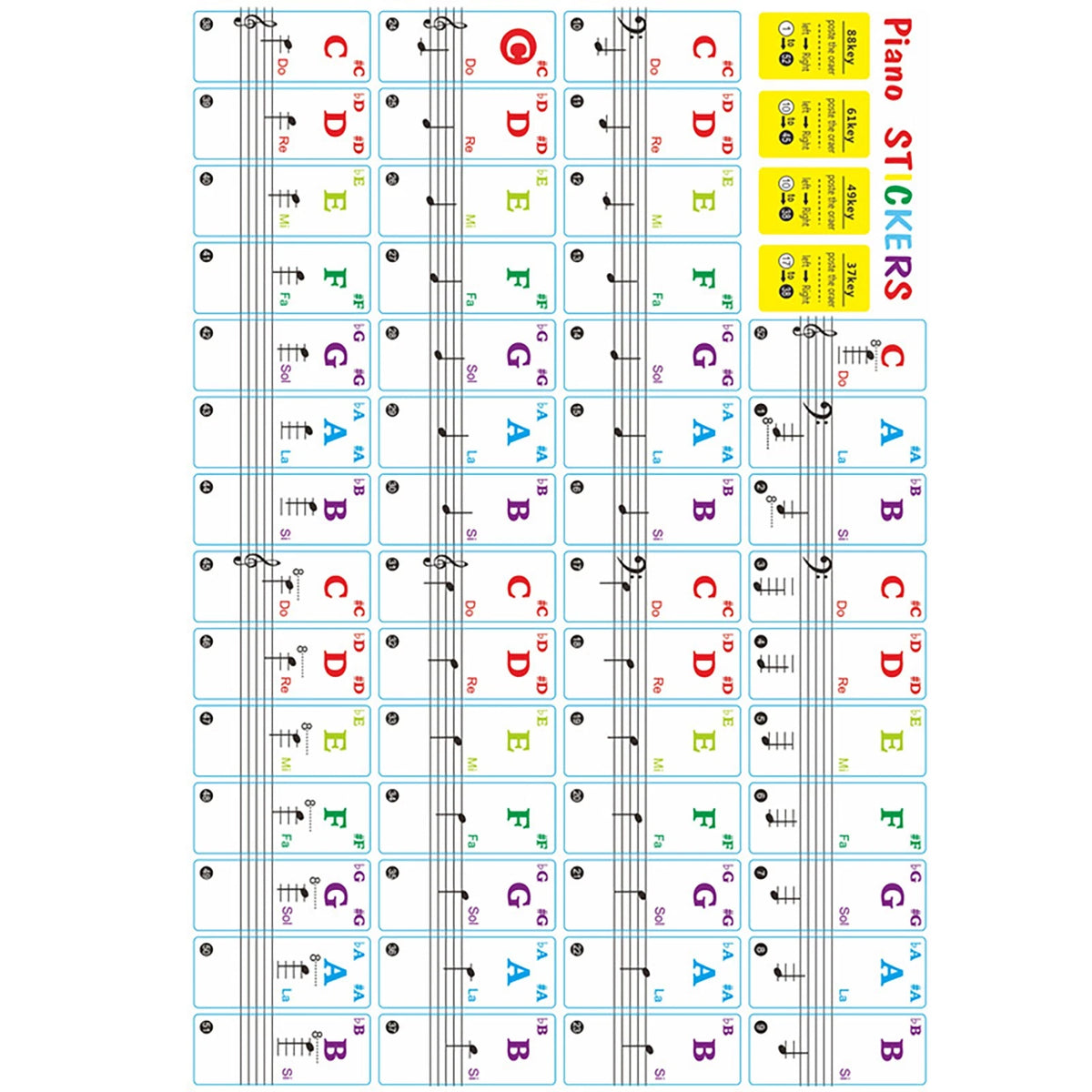 37/49/61/88 Key Universal Piano Learning Music Keyboard Sticker Note Removable