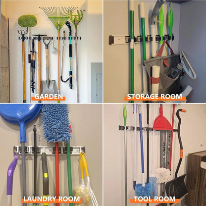 reliahom Broom Holder Wall Mount, 4 Racks with 5 Hooks 1 Pack 4R5H, Black