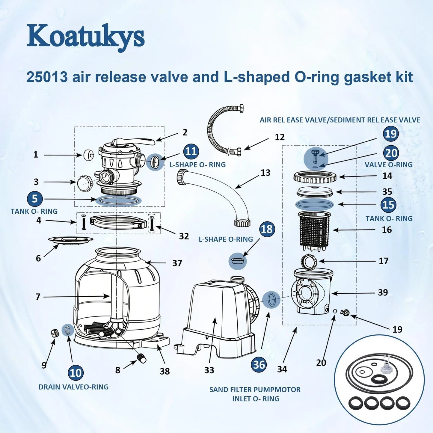 Koatukys Sand Filter Pump Replacement Parts for Intex 25013 Kit(12PCS), Black