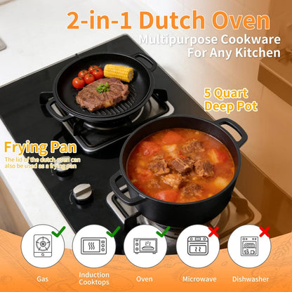 Pre-Seasoned Cast Iron Dutch Oven for Bread Baking - 5 quarts,