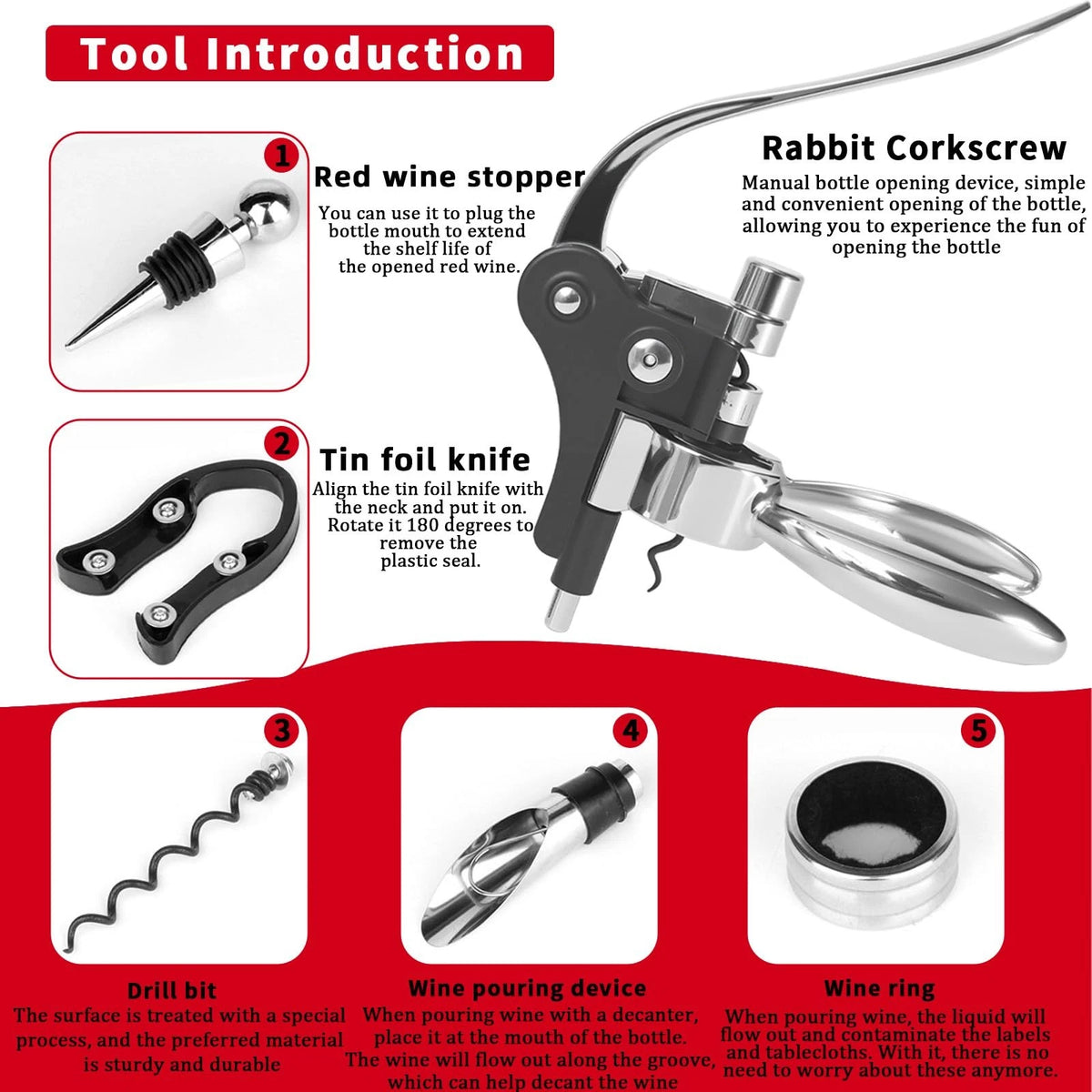 Rabbit Wine Opener,Corkscrew Opener Set Including Foil medium, Silver