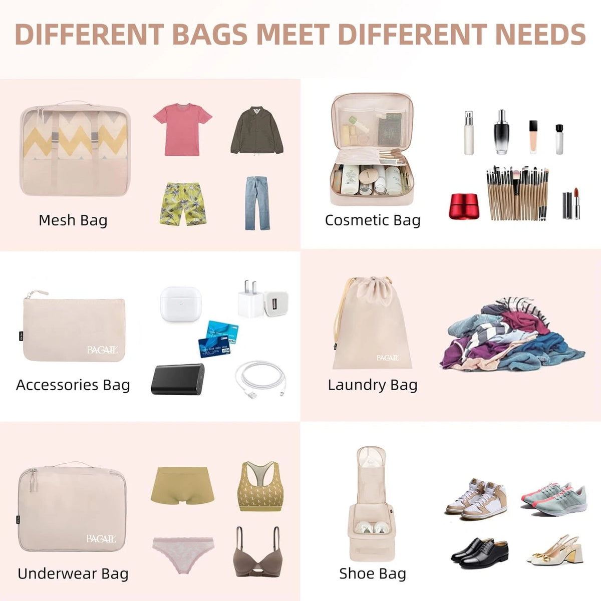 BAGAIL 8 Set Packing Cubes Luggage Organizers for Travel 8 Set, Cream